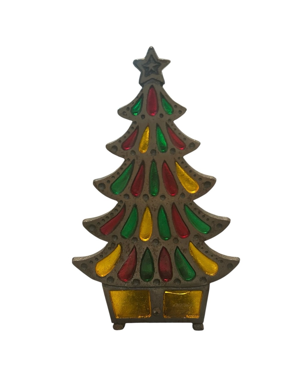 vintage cast iron and faux stained glass Christmas tree votive candle holder